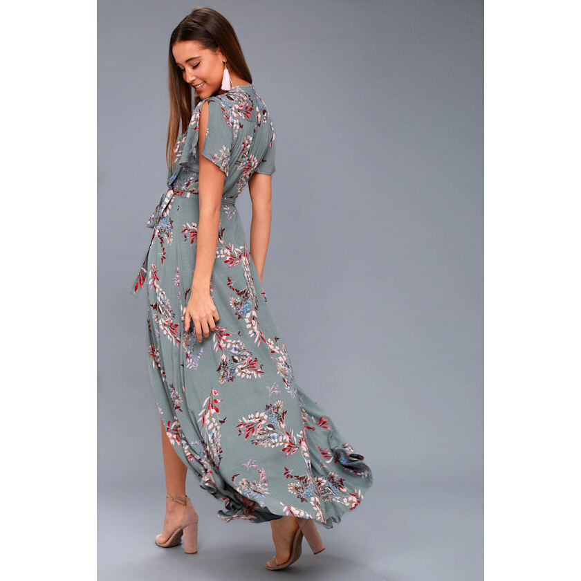 Lulus Fiorire Slate Blue Floral Print Wrap Maxi Dress - Size S